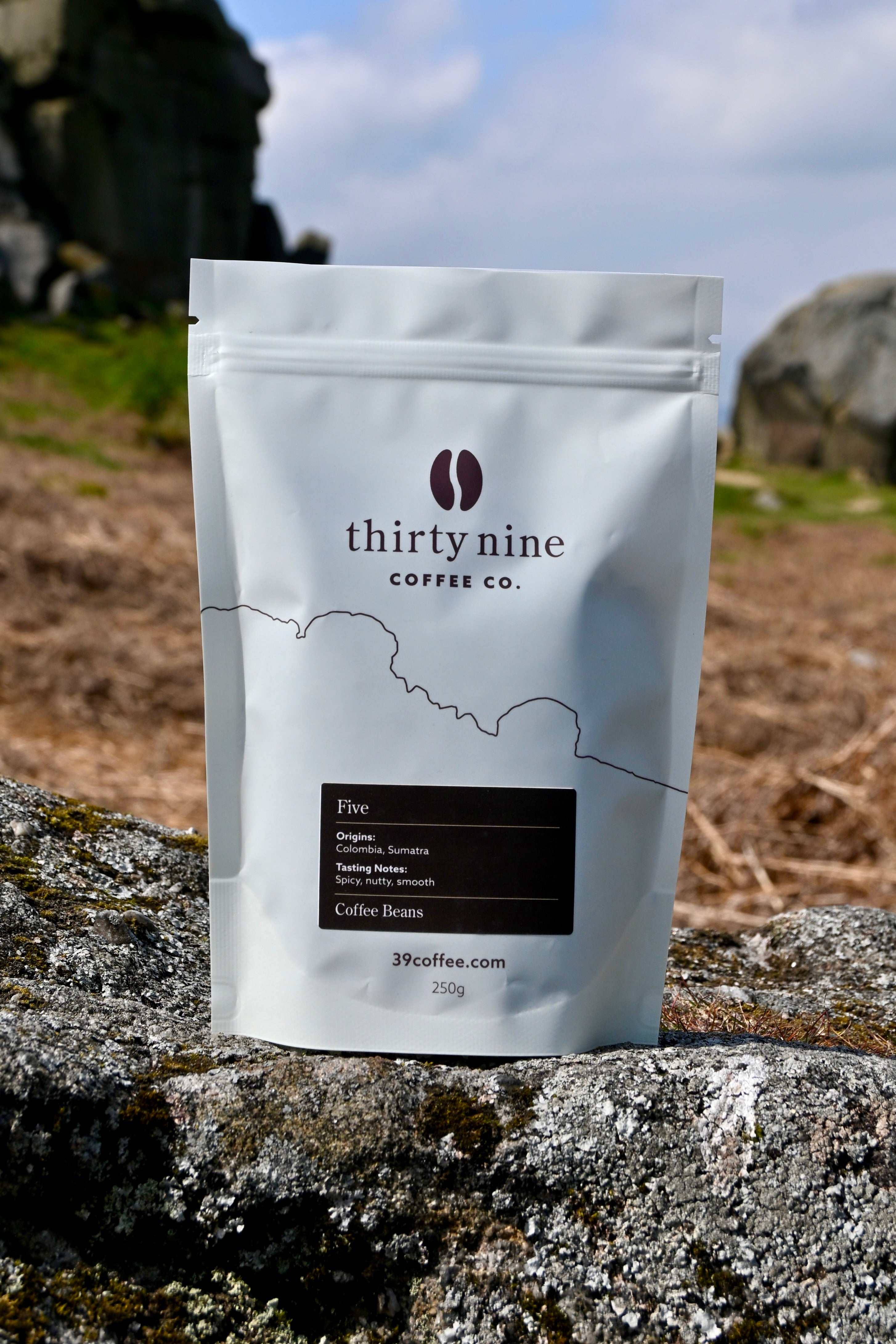 A bag of Thirty Nine coffee Five blend coffee beans in front of the cow and calf rocks in Ilkley