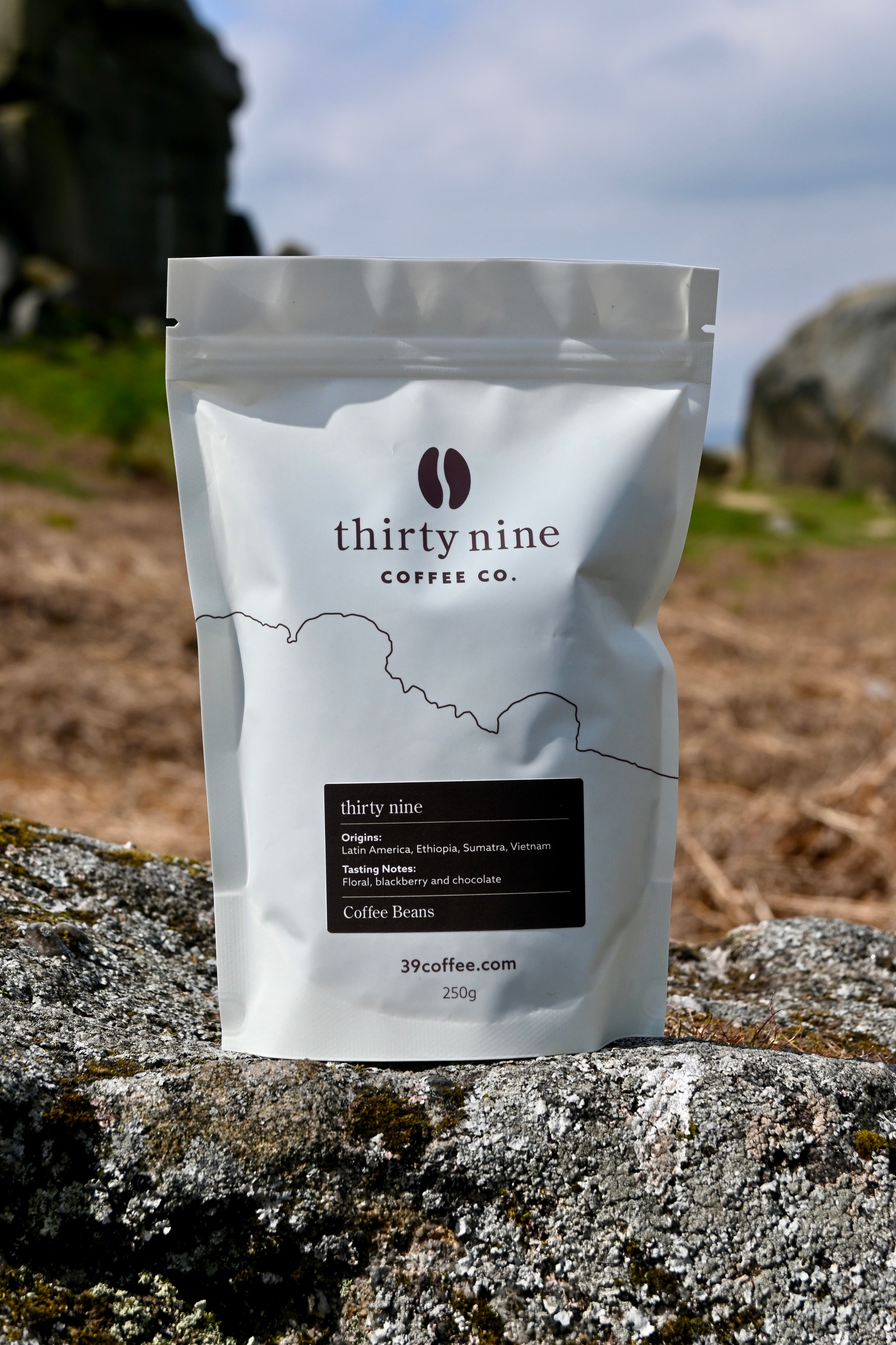 A bag of Thirty Nine coffee beans in front of the cow and calf rocks in Ilkley