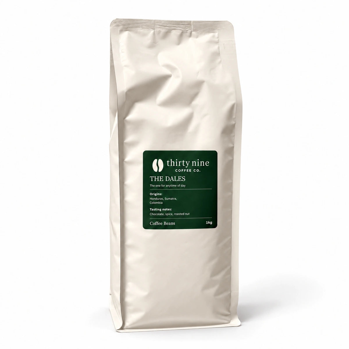The Dales 1kg Smooth Coffee Beans — cream coffee bag on white with a soft shadow