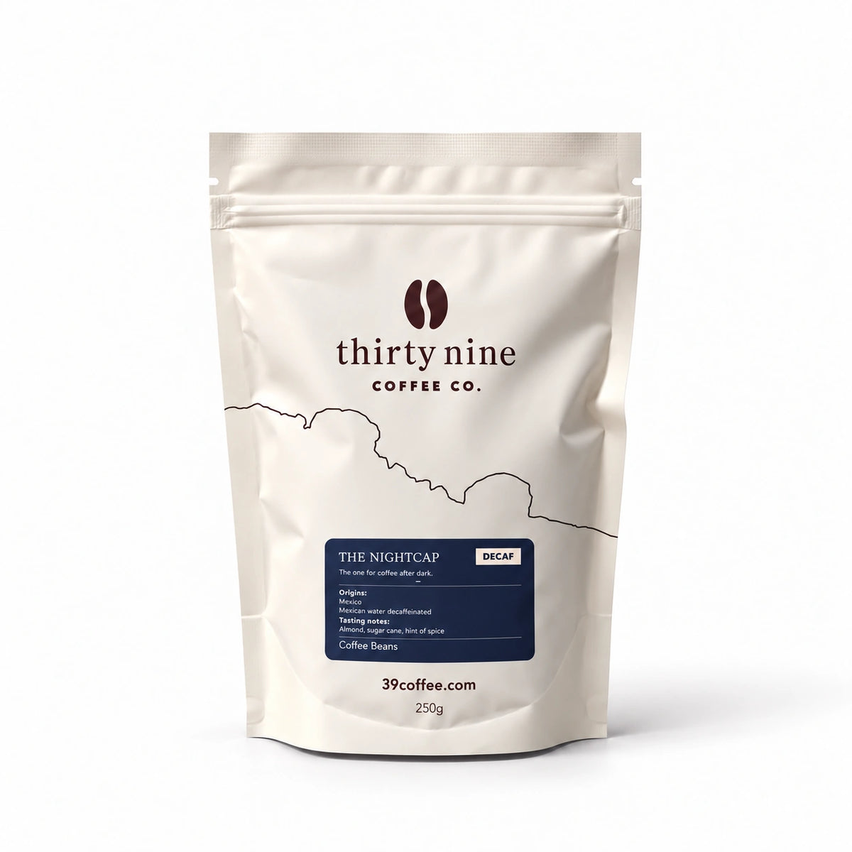 The Nightcap 250g Decaf Coffee Beans — cream coffee bag on white with a soft shadow